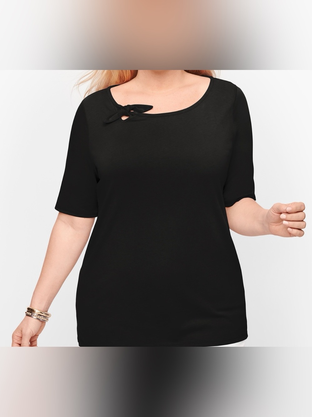 Talbots Black Short-Sleeve Cotton Top with Neck Bow Size XL